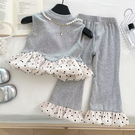 Grey Polka Dot Ruffle Top and Flared Pants Set – TYM-YWL-023