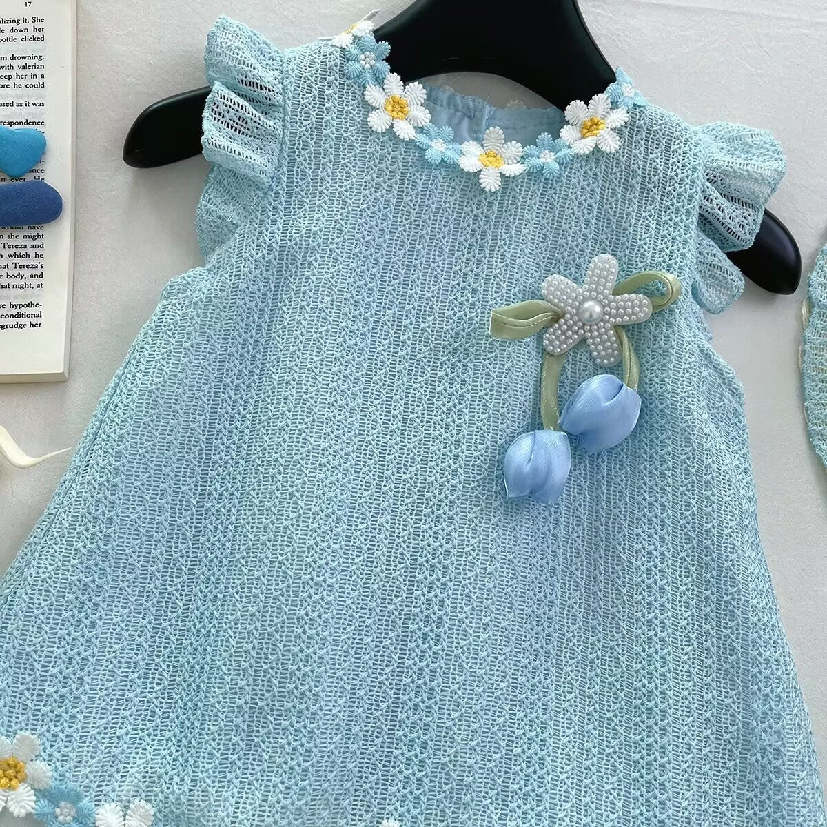 Sky Blue Daisy Trim Eyelet Hem Frock – TYM-YWL-037