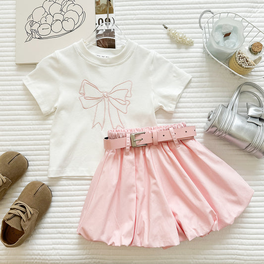 White Tee and Pink Belted Bubble Skirt Set – TYM-YWL-014