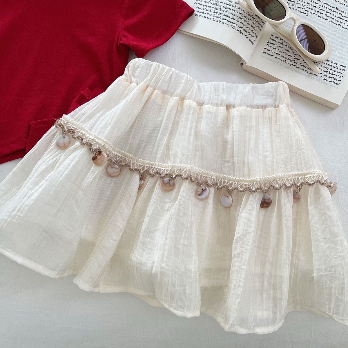 Red Side-Tie Top and Cream Shell Trim Skirt Set – TYM-YWL-006