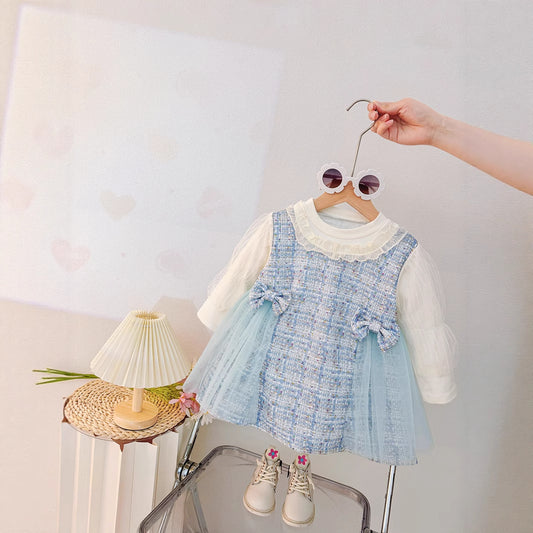 Sky Blue Tweed Bow Tulle Pinafore Frock – TYM-CXM-051
