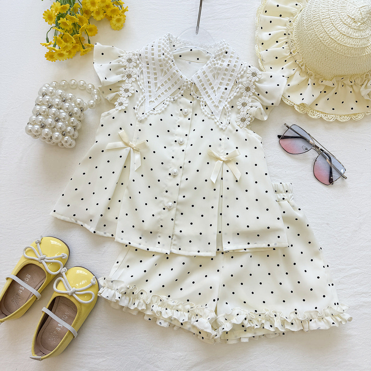 Cream Polka Dot Lace Collar Bow Flutter Frock – TYM-YWL-057