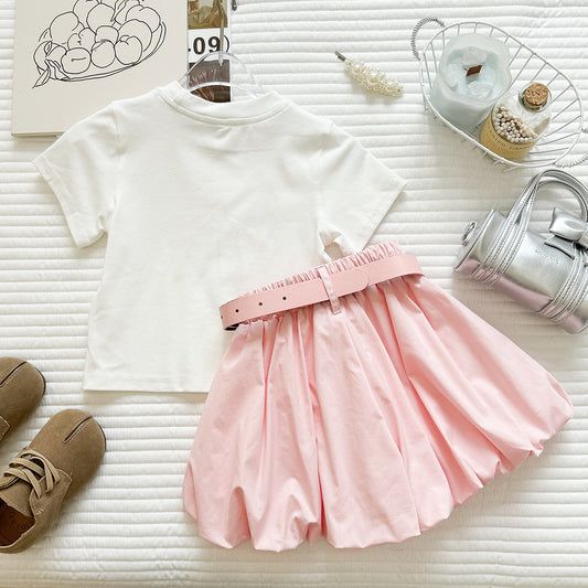 White Tee and Pink Belted Bubble Skirt Set – TYM-YWL-014