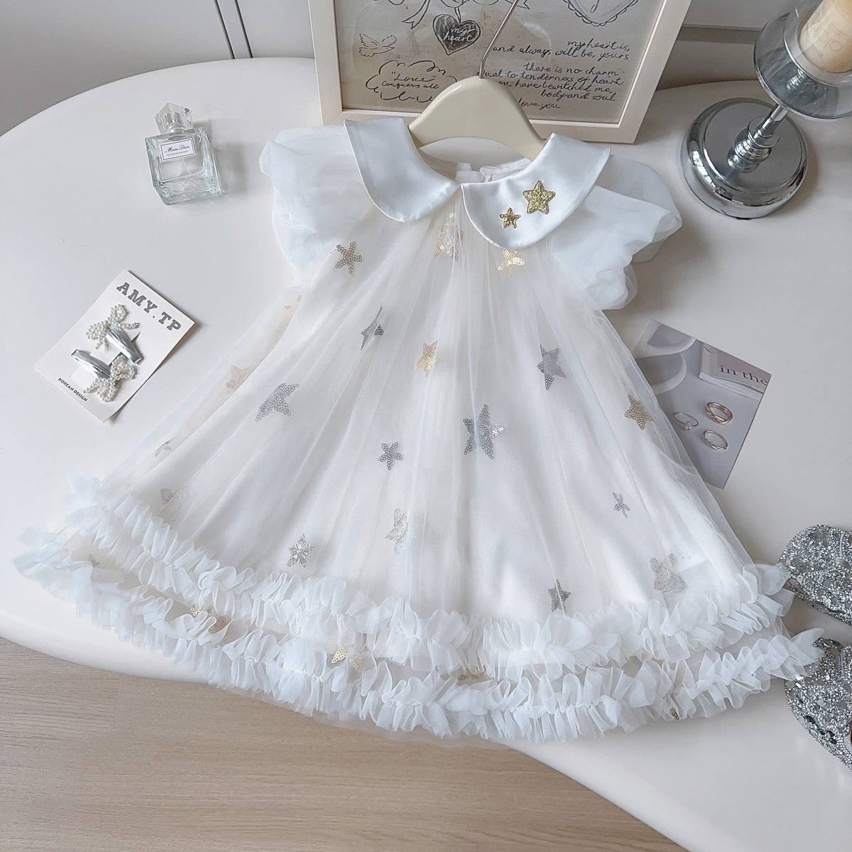 White Silver Star Tulle Ruffle Party Frock – TYM-YWL-040