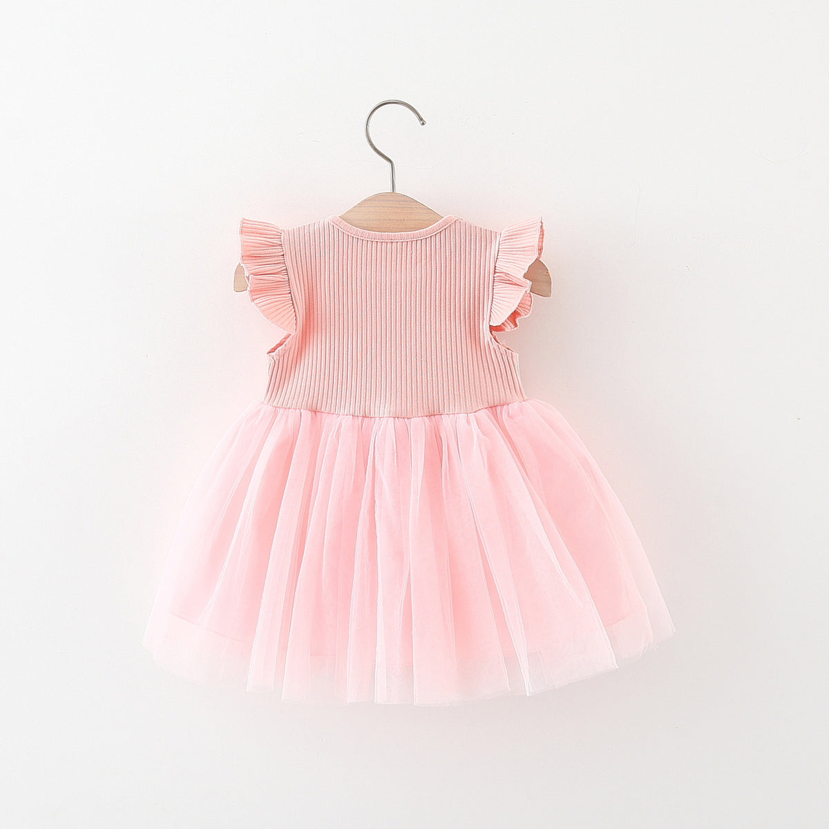 Pink Ribbed Flutter Sleeve Tulle Frock – TYM-TZO-008
