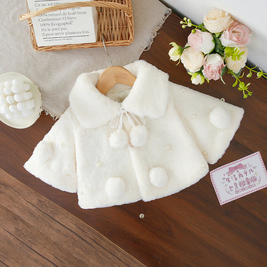 White Plush Pom-Pom Pearl Cape – TYM-WZX-057