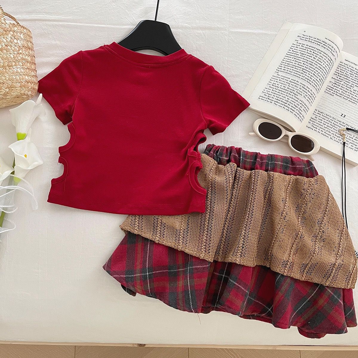 Red Cut-Out Top and Plaid Layered Skirt Set – TYM-YWL-001