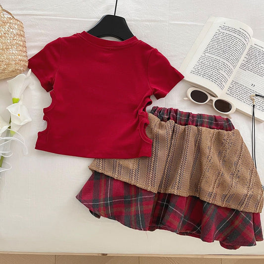 Red Cut-Out Top and Plaid Layered Skirt Set – TYM-YWL-001