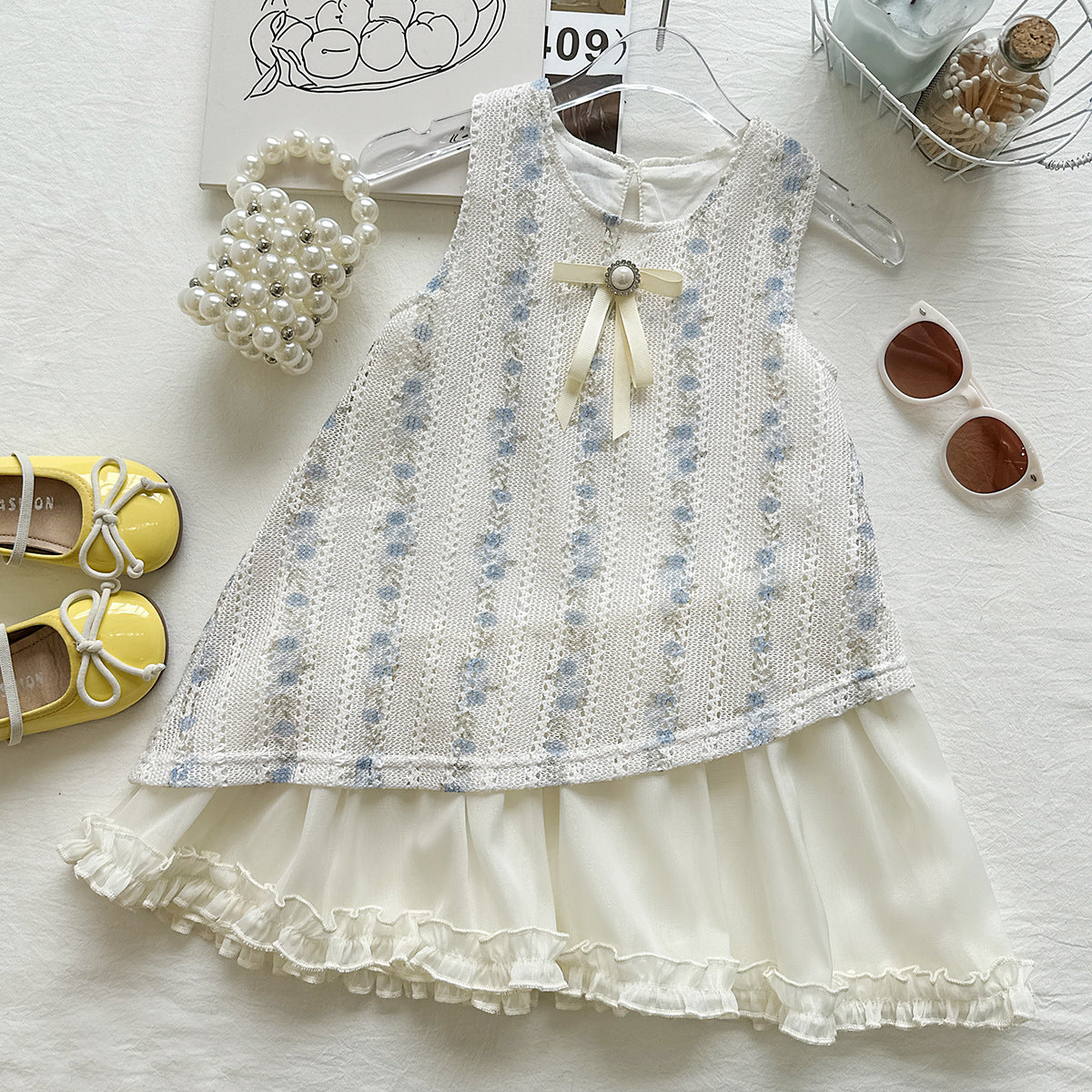 White and Blue Floral Lace Ribbon Bow Frock – TYM-YWL-058