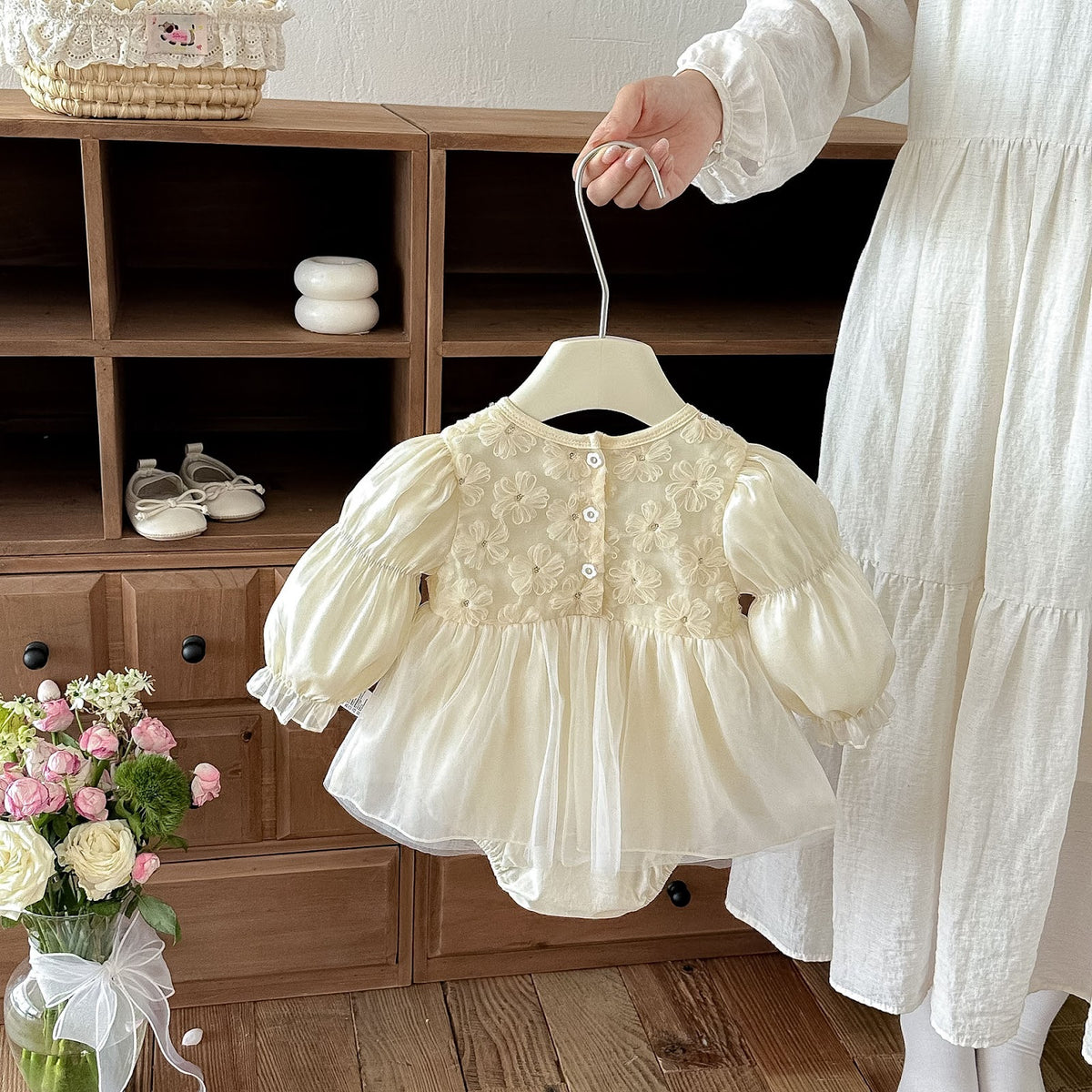 Apricot 3D Flower Bow Skirted Romper – TYM-FCN-012