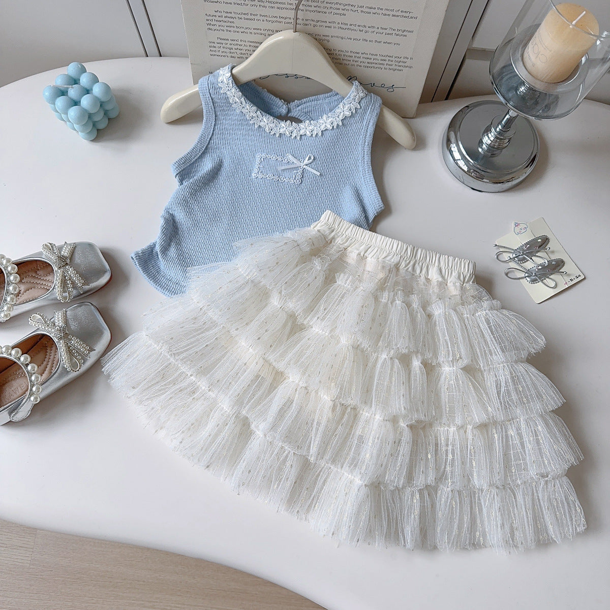 Blue Ribbed Top and White Tiered Tulle Skirt Set – TYM-YWL-017