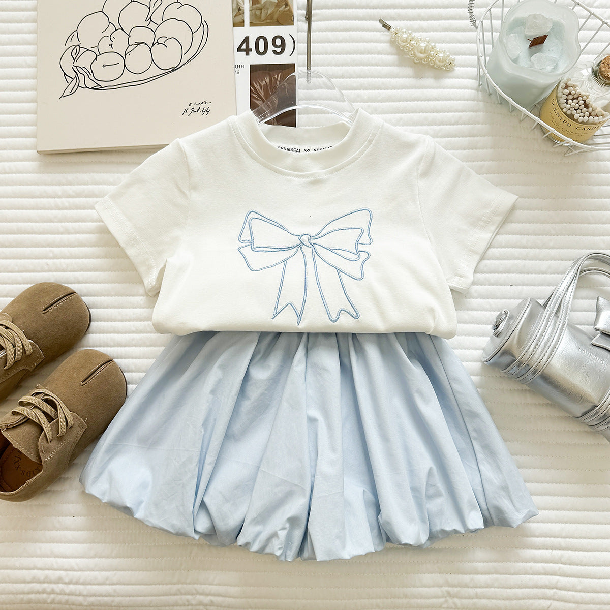 White Bow Tee and Blue Bubble Skirt Set – TYM-YWL-015