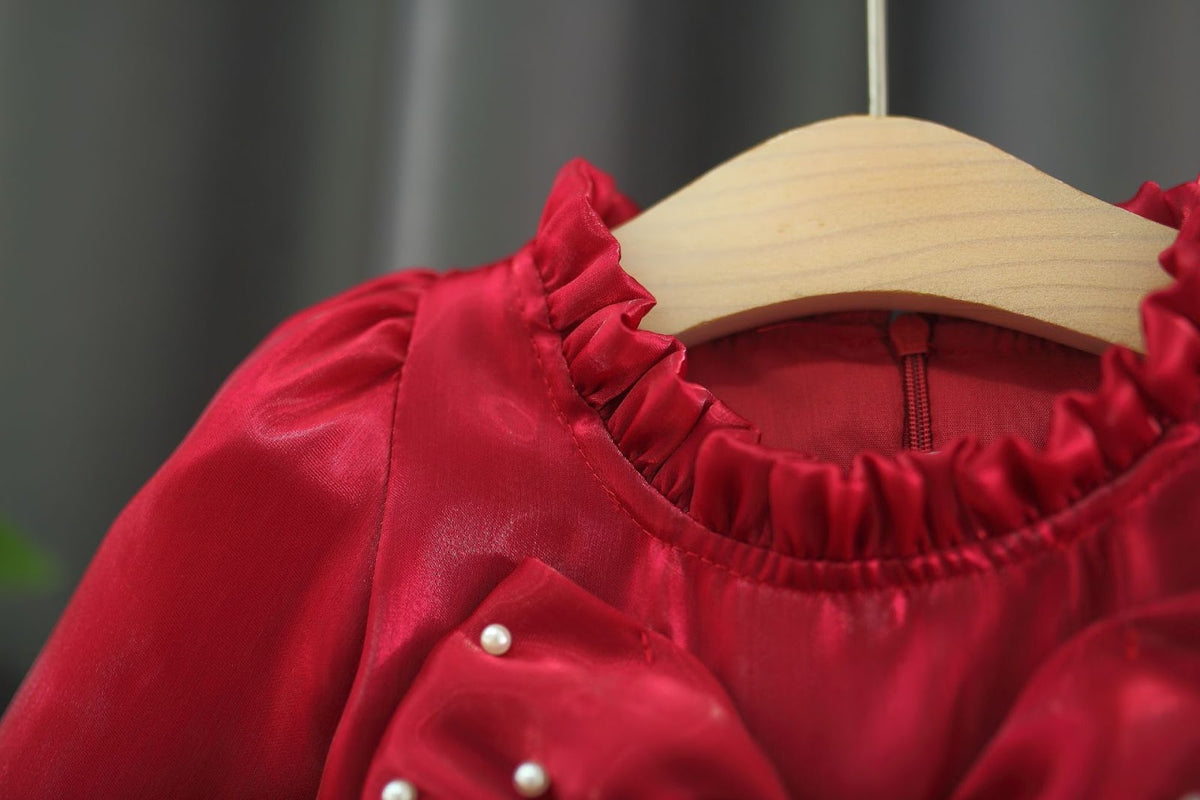 Red Rosette Pearl Bow Long Sleeve Frock – TYM-WZX-064