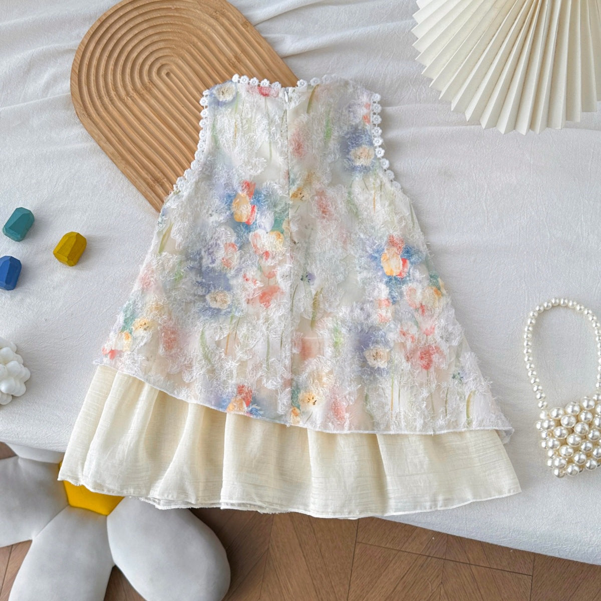 Cream Pastel Floral Textured Layered Frock – TYM-YWL-012