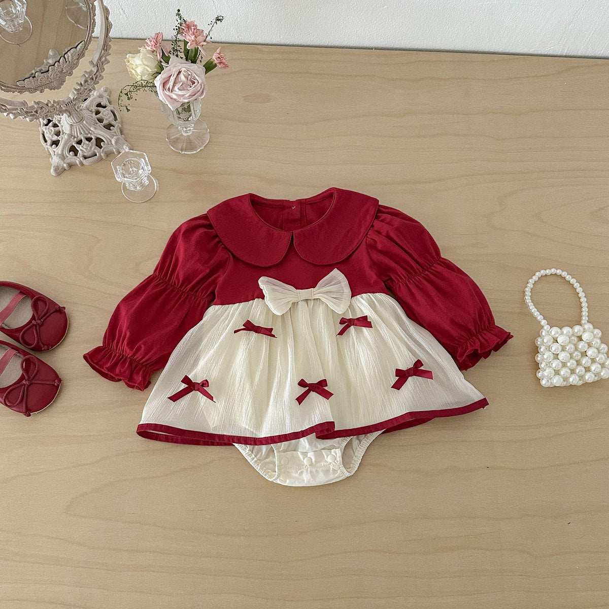 Red & Cream Bow Skirted Romper – TYM-FCN-005