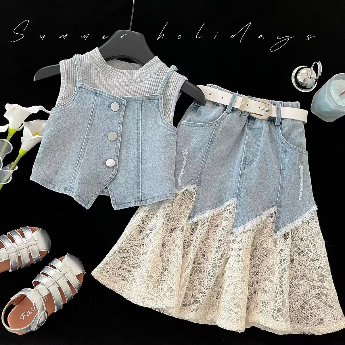 Grey Tank, Denim-Look Vest and Lace Skirt Set – TYM-YWL-029