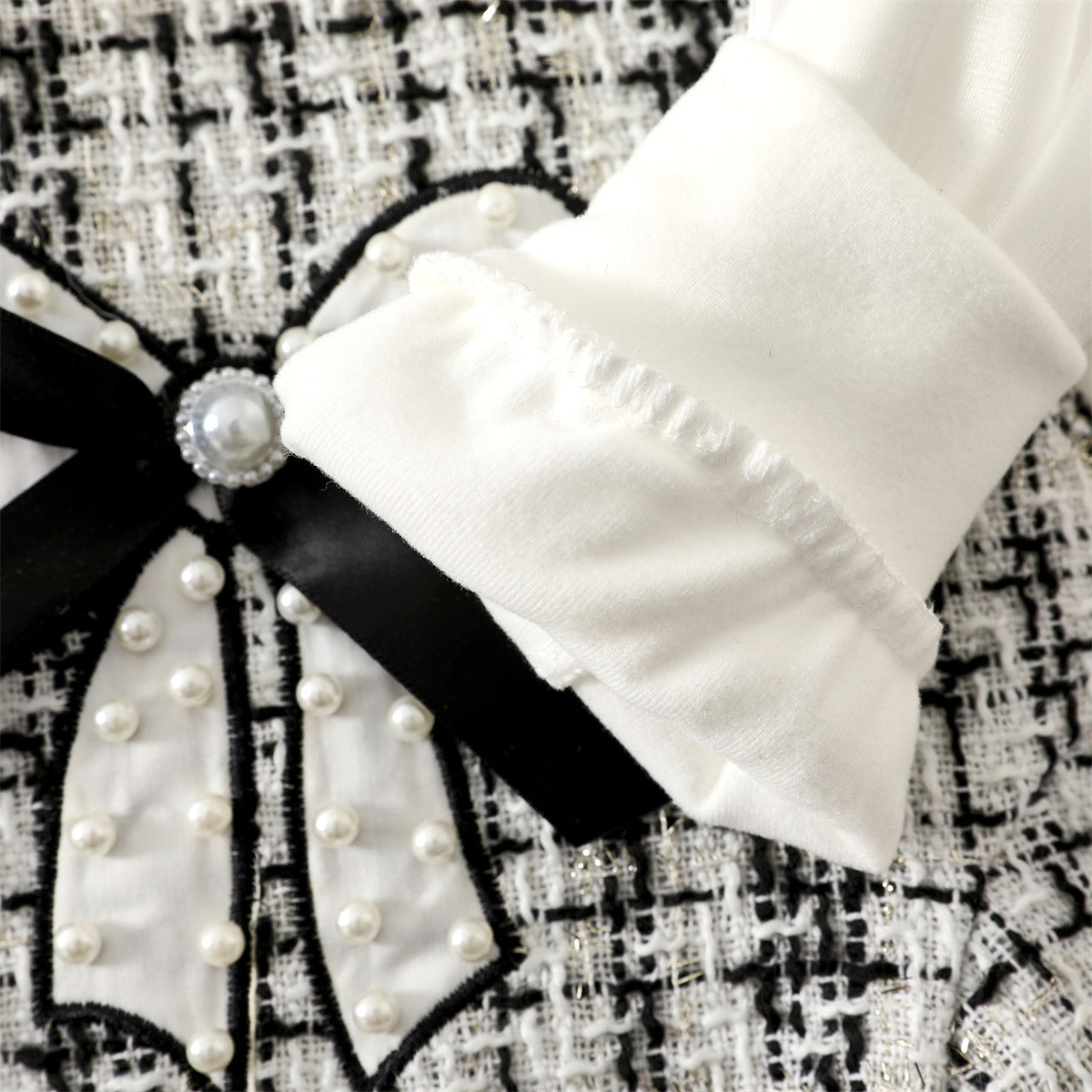 White Tweed Pearl Bow Long Sleeve Frock – TYM-WZX-047