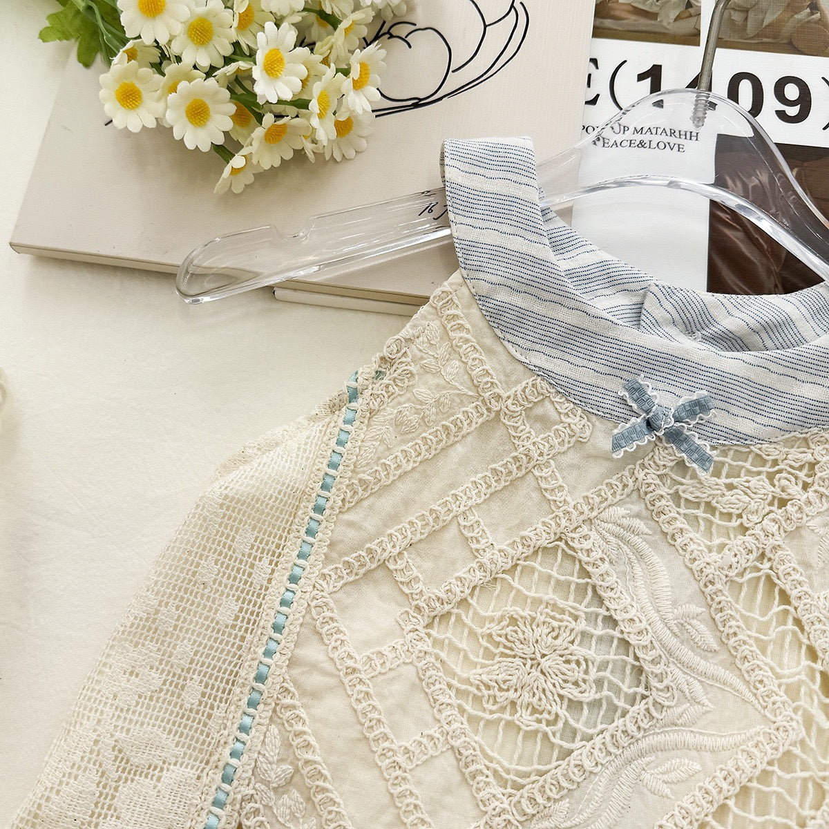 Cream Lace Patchwork Top with Blue Stripe Collar – TYM-YWL-059
